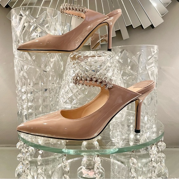 STUNNING CRYSTAL EMBELLISHMENT NUDE PATENT MULES WORN ONCE - Picture 3 of 6